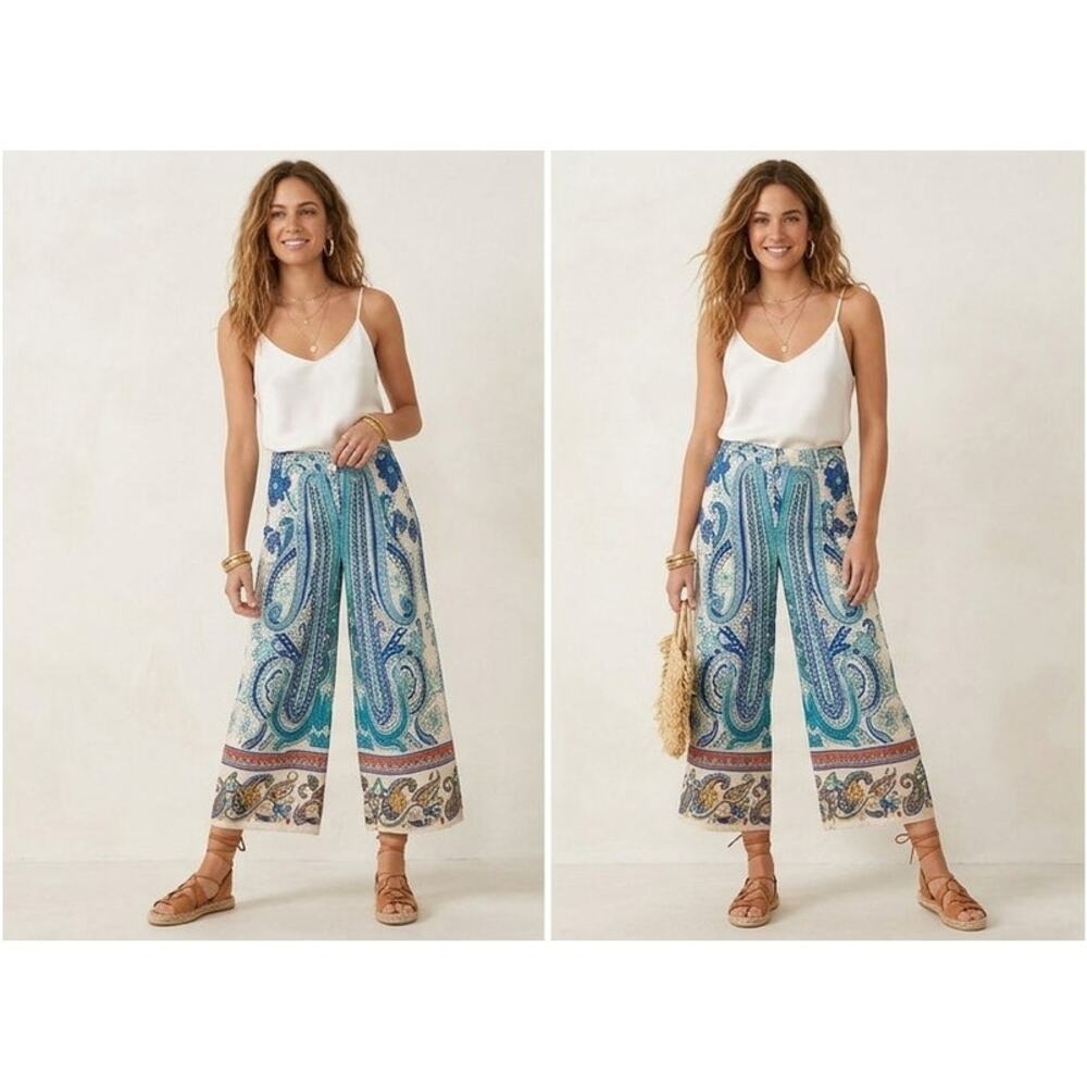ZARA Paisley Wide Leg Pants [Size] Cotton Blue White Boho Cropped Trousers S